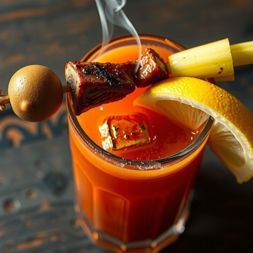 Three-quarter overhead highball of smoked Bloody Mary with deep red smoked tomato juice, a brisket burnt-end skewer with smoked olive and pickled okra across the rim, condensation on the glass.