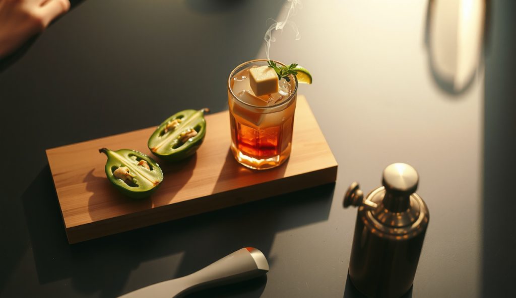 Green Bloody Mary variation with pale jade tomatillo juice base, cold-smoked tomatillo halves and roasted poblano on the board, smoked white cheddar garnish skewer, backlit glass showing green translucency.