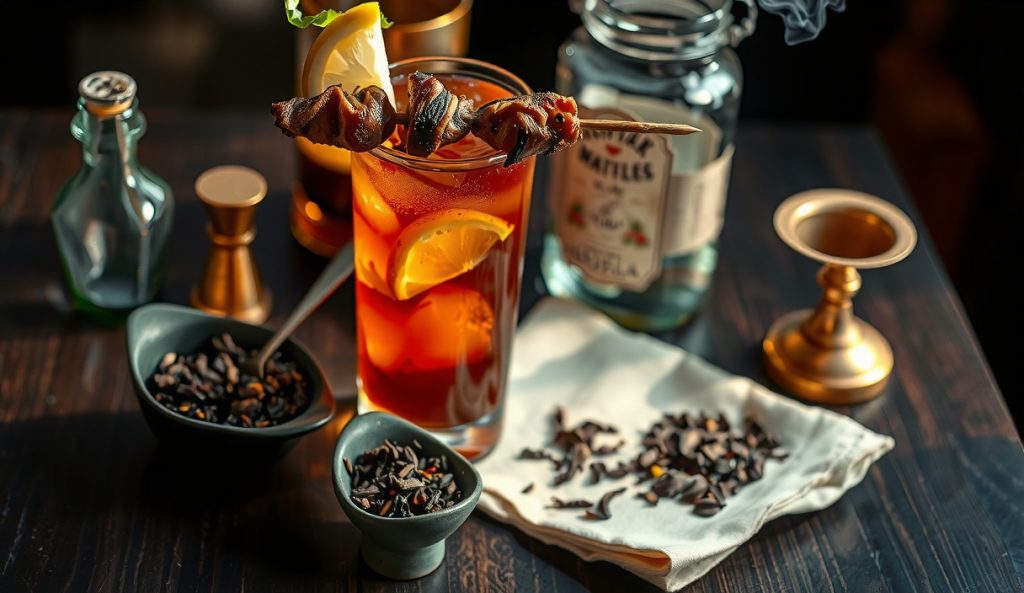 Non-alcoholic Bloody Mary built on cold-brewed lapsang souchong tea instead of vodka, deep amber tea base in glass, loose tea leaves on a dish alongside, burnt-end skewer with smoke curl.
