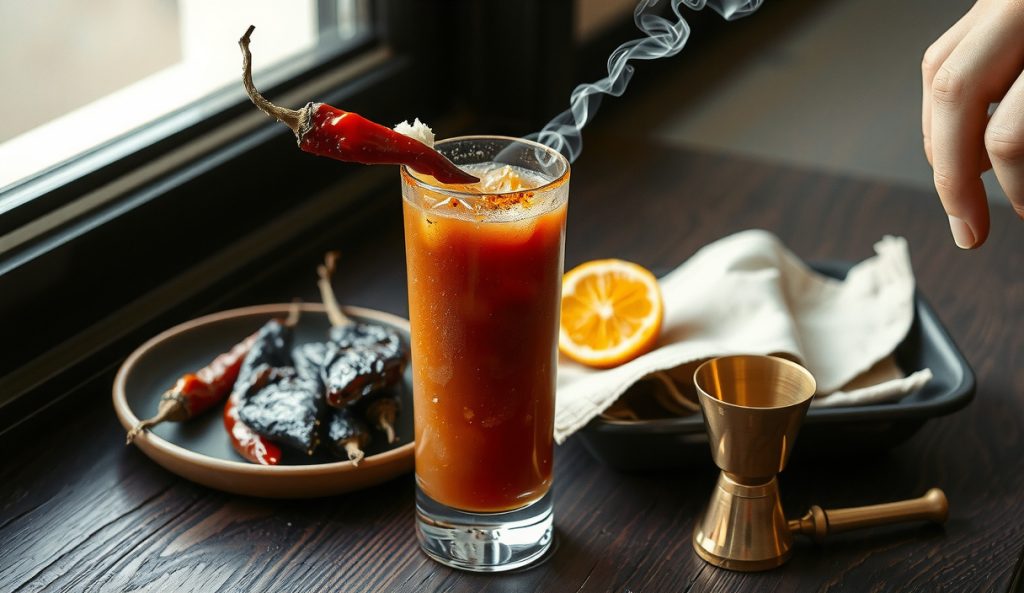 Texas heat Bloody Mary with fresh horseradish being grated into a deep brick-red base, ancho and chipotle chiles arranged alongside, burnt-end skewer with smoke, chile-flake-rimmed glass.
