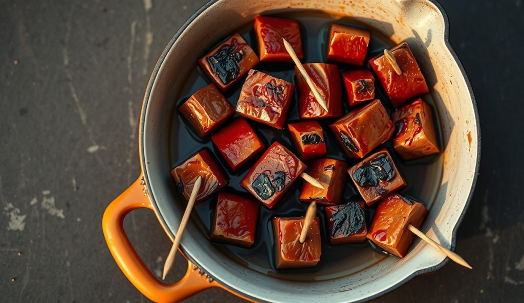 Bologna burnt ends in enamelware pan, cubed smoked bologna re-smoked with BBQ sauce and brown sugar glaze, deep lacquered mahogany coating on each cube with toothpicks — burnt ends technique variant.