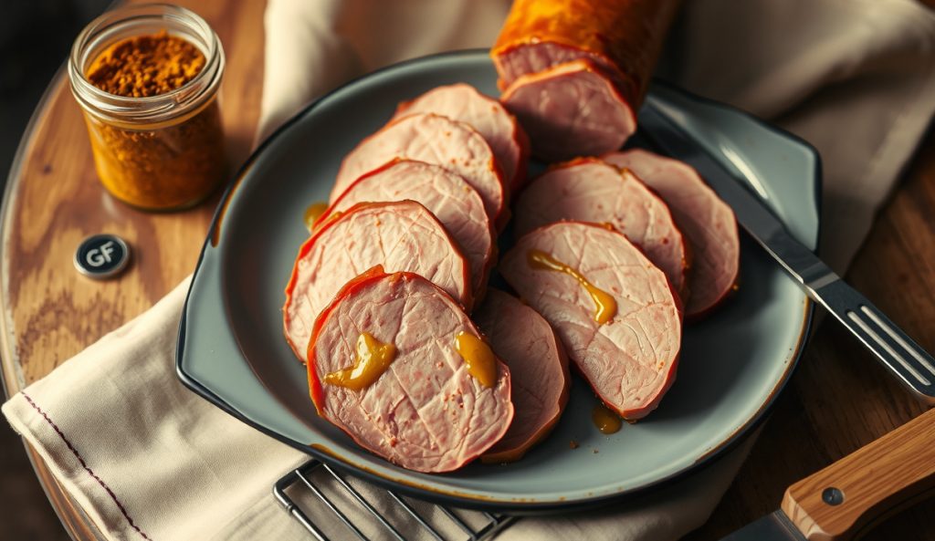 Gluten-free smoked bologna with a deep scored diamond bark pattern on a blackened wire rack, mustard rub glaze glistening, sliced cross-section visible, smoke rising, gluten-free spice jar beside.