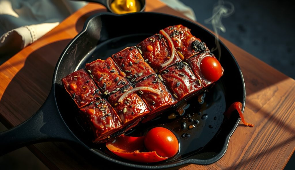 Keto smoked bologna with diamond-scored black pepper and mustard seed bark in a cast iron skillet, no sugary glaze, rendered fat glistening in the cuts, with sugar-free mustard and hot sauce.