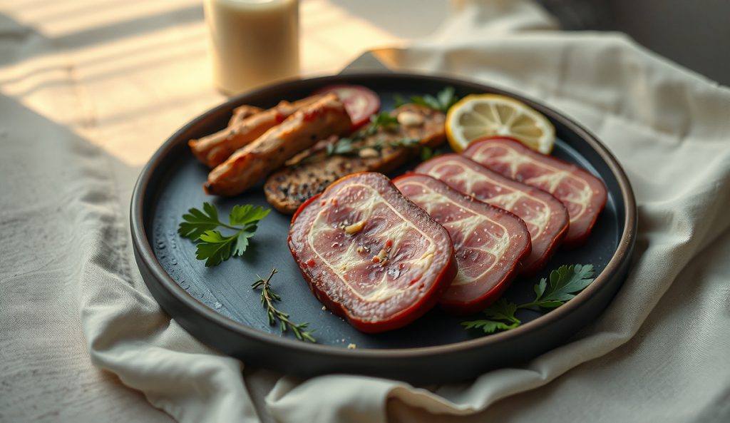 Low-sodium smoked bologna with a herb and lemon zest crust instead of salt-heavy rub, diamond-scored surface on dark stoneware with parsley and lemon, smoke wisp above the platter.