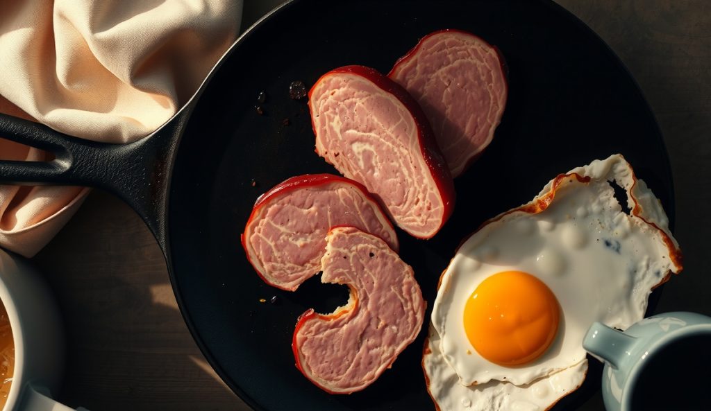 Thick-cut smoked bologna slices searing on cast iron griddle forming double-bark crust, fried egg and hash browns on diner plate — Midwest diner breakfast plate technique variant.