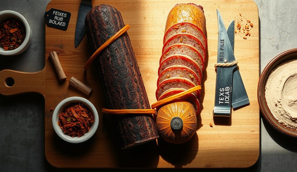 Two smoked bologna chubs side by side showing Texas black-pepper rub versus Memphis celery-salt rub profiles, labeled ramekins of each blend alongside — rub variation substitution variant.