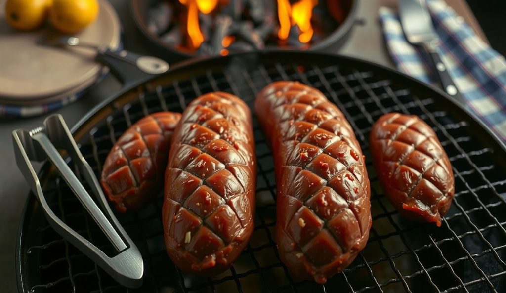 Four smoked bologna chubs on offset smoker grates showing identical deep mahogany bark and diamond scores, smoke billowing over full high-volume load — scaling-up crowd variant.