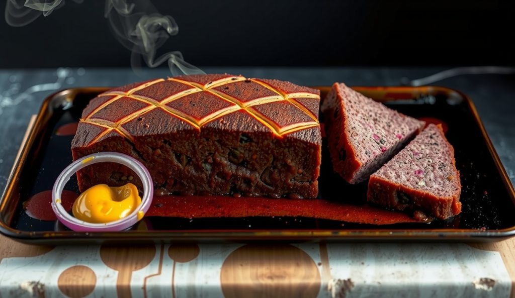 Vegetarian companion: smoked beet and seitan loaf with diamond-scored mahogany bark on a sheet pan, cross-section showing purple-red interior, alongside pickled onions and yellow mustard.