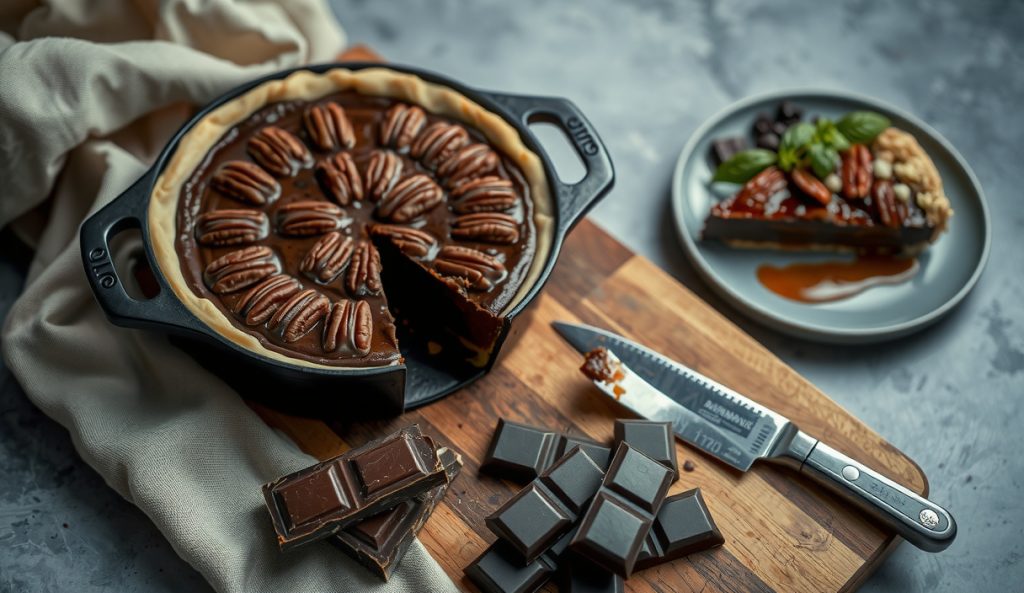 Chocolate-smoked bourbon pecan pie with a deep near-black filling, 70% dark chocolate squares alongside, one slice revealing a dark chocolate-pecan interior with molten chocolate visible.