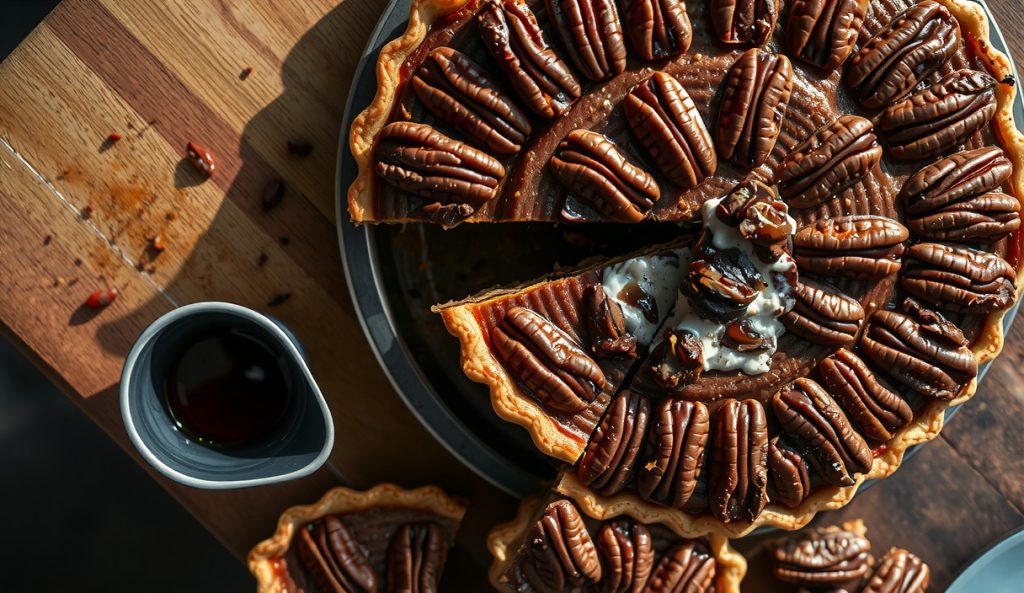Whole smoked bourbon-pecan pie on a weathered butcher block with a slice pulled away to reveal dark caramelized filling, glossy pecan crown, and fluted crust with golden-char edges, hickory smoke drifting across the surface.