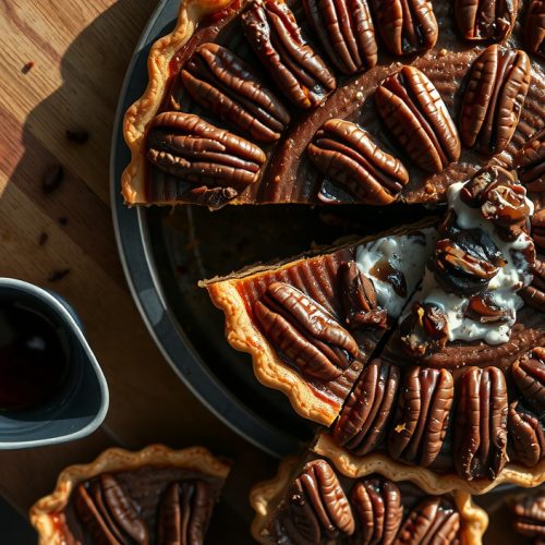Whole smoked bourbon-pecan pie on a weathered butcher block with a slice pulled away to reveal dark caramelized filling, glossy pecan crown, and fluted crust with golden-char edges, hickory smoke drifting across the surface.