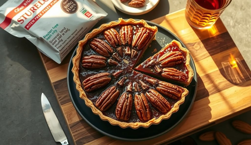 Gluten-free smoked bourbon pecan pie with a rice-flour crust showing a slightly sandy edge, glossy amber filling with whole pecans, one slice lifted, GF flour blend bag visible alongside.