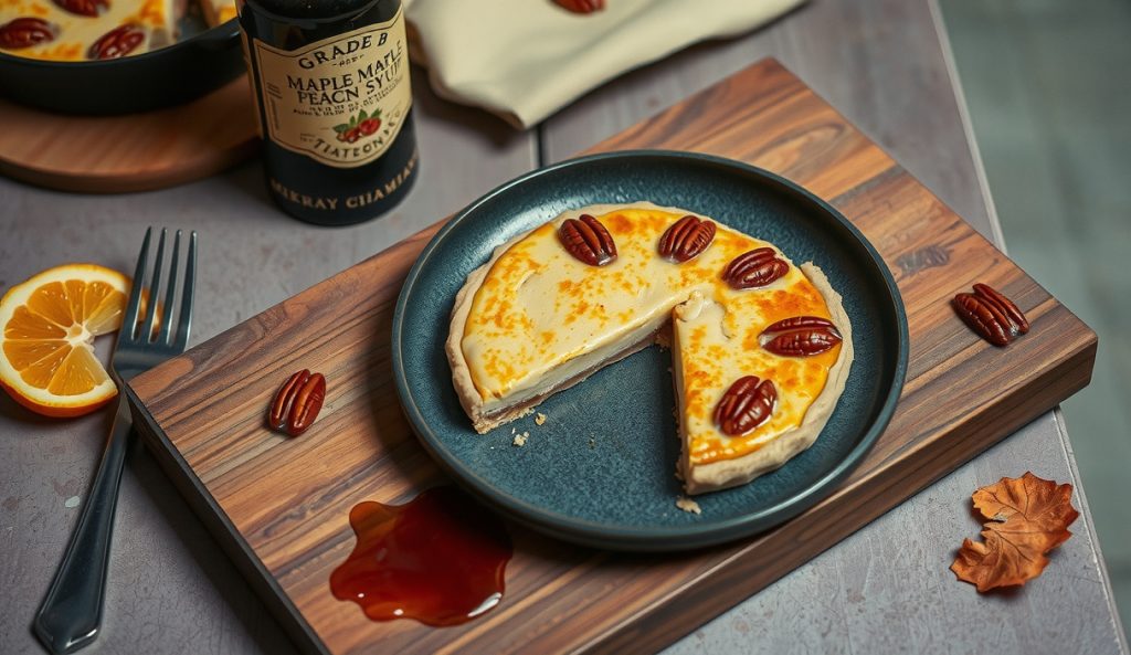 Smoked bourbon pecan pie made with Grade B maple syrup showing a darker more matte amber filling, a dark maple syrup bottle alongside, hickory smoke drifting, one slice removed.