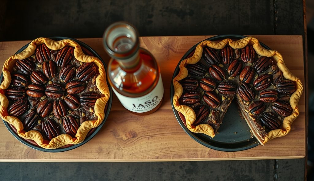 Two smoked bourbon pecan pies on pellet grill grates side by side, showing identical glossy amber pecan surfaces and even smoke coloring, a bourbon bottle between them.