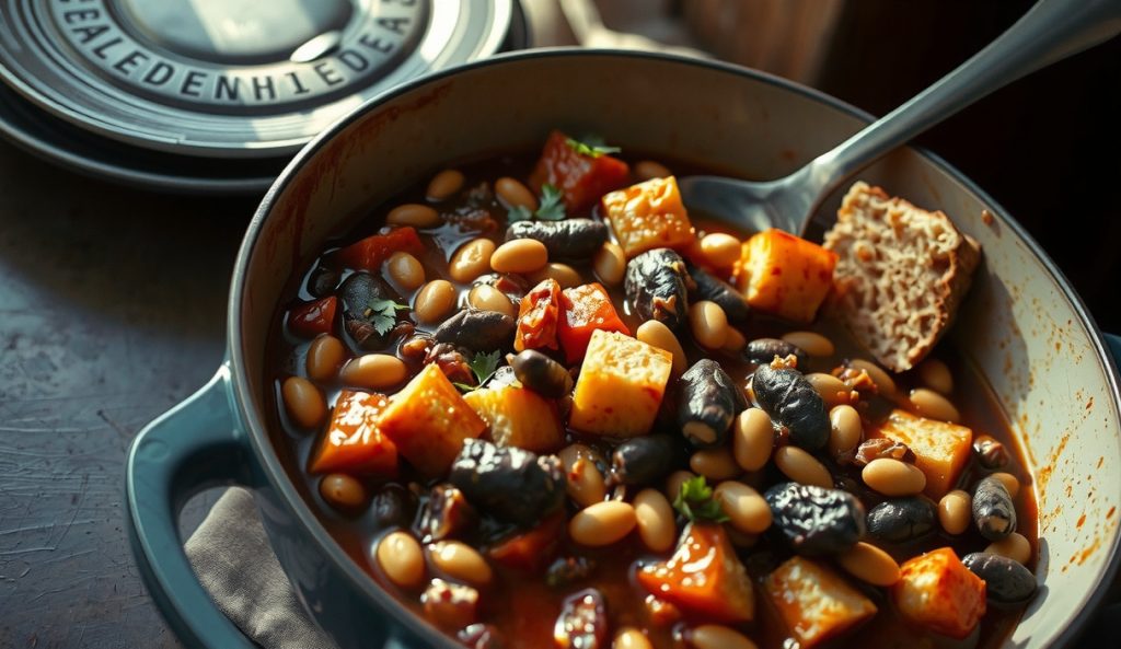 Smoked brisket chili in a Dutch oven showing whole intact pinto and kidney beans and chunked brisket in thick mahogany broth — the classic bean version with beans holding their shape perfectly.