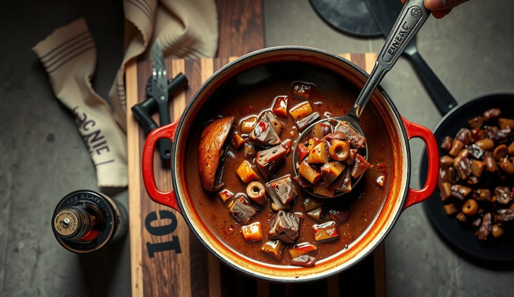 Smoked brisket chili simmering in a Dutch oven with beef stock being poured in and molasses and cider vinegar staged nearby — showing the beer-free substitution build without any alcohol.