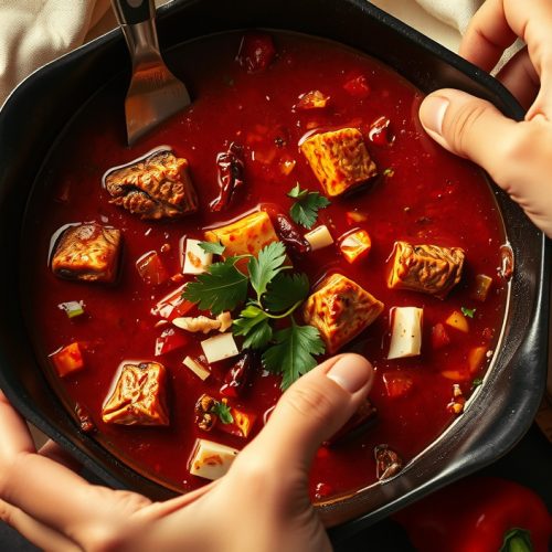 Bowl of smoked brisket chili with bark-edged cubed brisket in a thick ancho-guajillo broth, dried chile oil sheen on top, fresh cilantro and raw onion, steam rising, charred corn tortillas alongside.