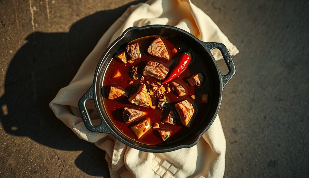 Smoked brisket chili in a cast iron pot showing deep brick-red color, chiles de árbol, chipotle dusting, and sliced serrano on the surface — the hotter escalated build with layered dried chile heat.