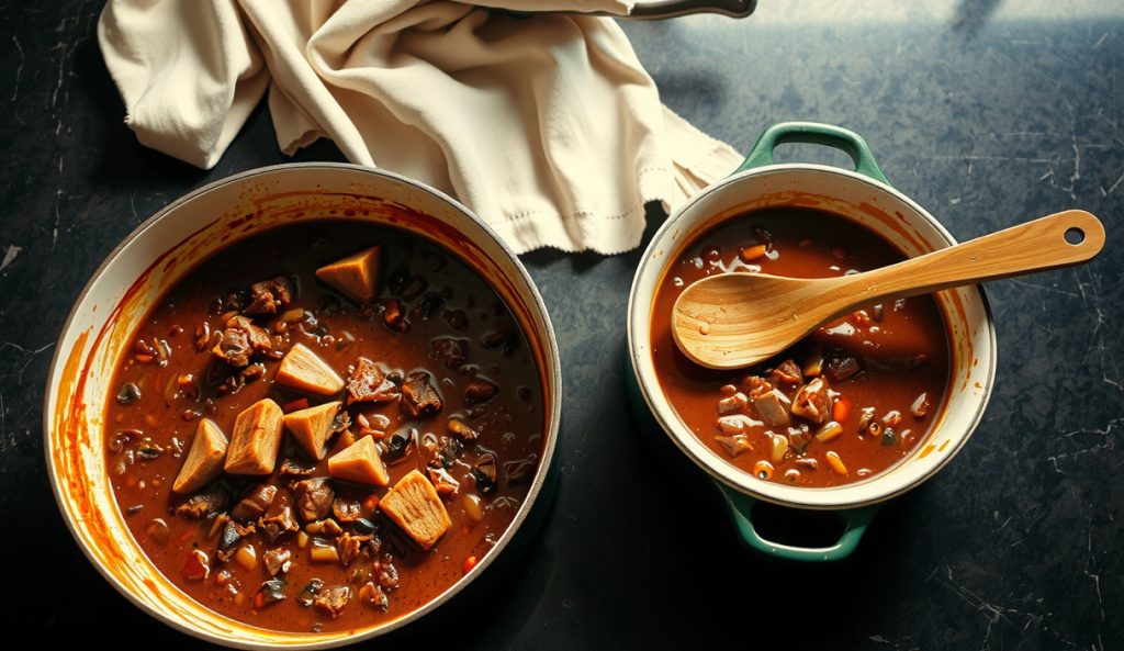 Two large enameled pots of deeply reduced smoked brisket chili simmering at catering volume, showing thick masa-thickened viscosity and chunked brisket — the crowd-scaled party-size build.