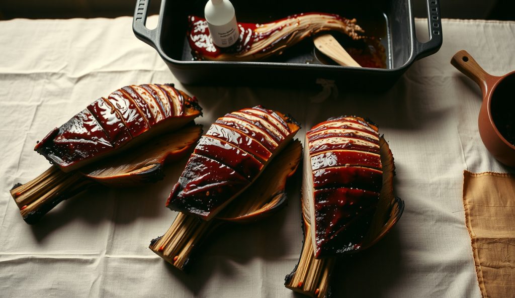 Three competition-scale glazed brisket points side by side with a wide reduction vessel showing the multi-brisket bone-broth glaze scaling challenge for large events.
