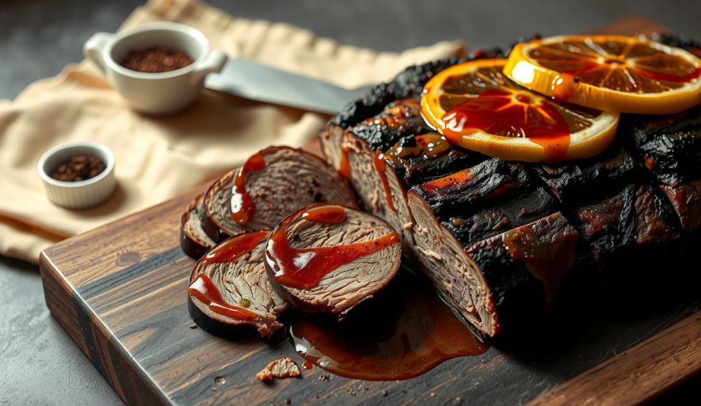 Smoked brisket with espresso bark showing near-black amplified Maillard crust and a ramekin of dark-roast grounds on a weathered butcher block, representing the espresso bark rub variant.