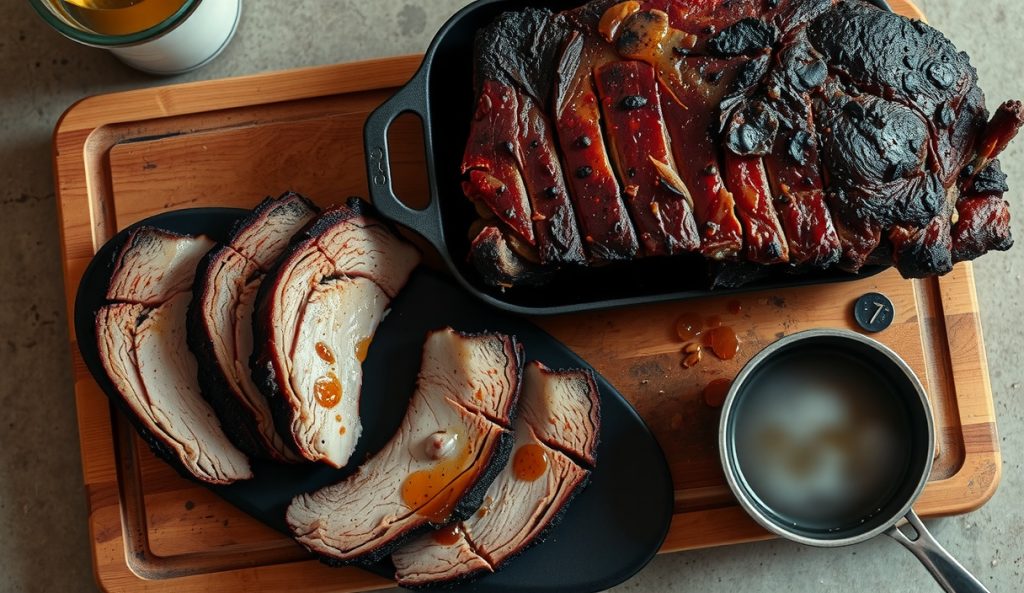 Smoked brisket sliced on a butcher block with a bone-broth gelatin glaze creating a lacquered sheen over dark post-oak bark, juice and gelatin pooling at slices, small reduction pan of glaze alongside.