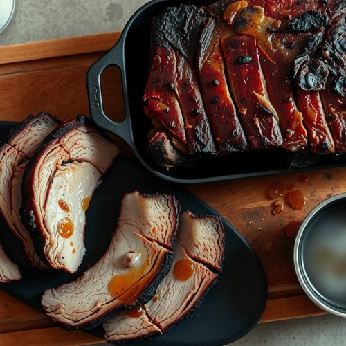 Smoked brisket sliced on a butcher block with a bone-broth gelatin glaze creating a lacquered sheen over dark post-oak bark, juice and gelatin pooling at slices, small reduction pan of glaze alongside.