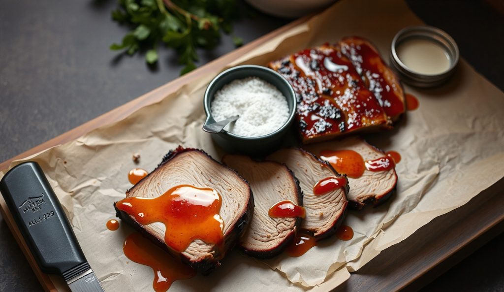 Gluten-free smoked brisket with glossy bone-broth glaze on butcher paper, GF salt-and-pepper rub bark, pink smoke ring in cross-section, GF glaze jar alongside, steam and smoke drifting.