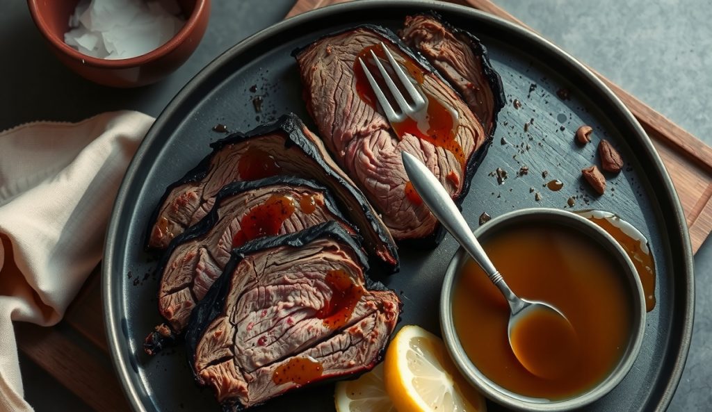 Keto smoked brisket with sugar-free bone-broth glaze, matte bark, glistening fat cap and smoke ring in cross-section, keto glaze ramekin alongside on dark stoneware tray.