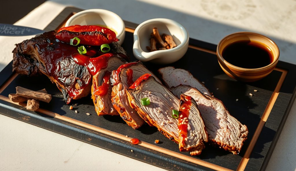 Korean-style smoked brisket with gochugaru and shiitake glaze showing red flecks and umami-forward sauce on dark stoneware, representing the Korean-inflected glaze variant.