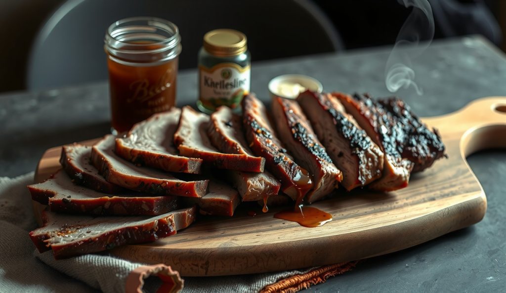 Low-sodium smoked brisket with bone-broth glaze showing a lighter herb-forward rub bark and unsalted homemade broth jar, representing the 50% sodium reduction adaptation.