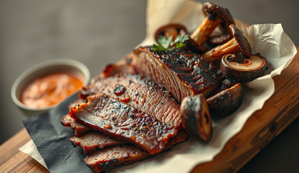 Vegetarian brisket companion: smoked jackfruit and king trumpet mushroom slab with bark-style pepper crust and vegetable broth glaze on butcher paper, fibrous cross-section, smoke drifting.
