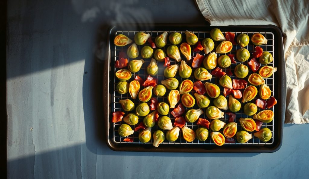 Crowd-scale smoked Brussels sprouts filling an entire sheet pan with bacon and maple-Dijon glaze, showing the full three-pound batch scaled for a crowd from above.