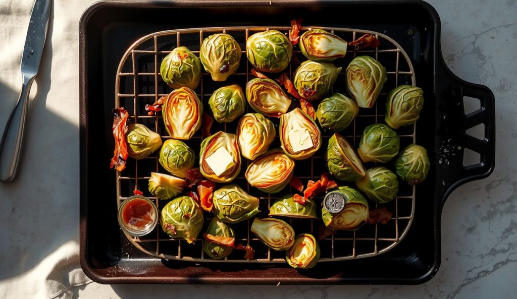Top-down view of smoked Brussels sprouts on a blackened wire rack with deeply charred cut faces, crispy bacon pieces, and a glistening maple-Dijon glaze caramelized across the surface.