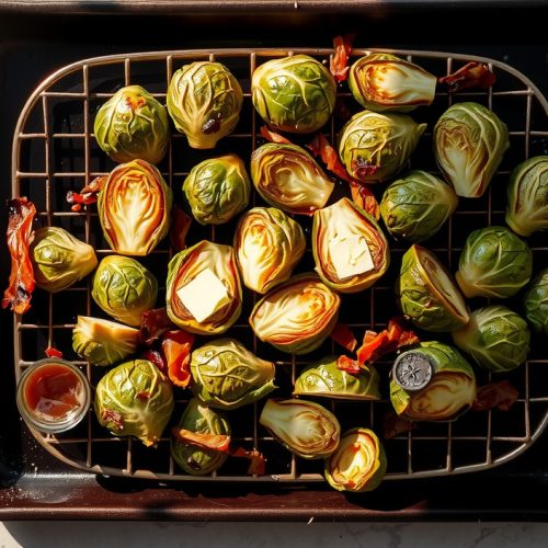 Top-down view of smoked Brussels sprouts on a blackened wire rack with deeply charred cut faces, crispy bacon pieces, and a glistening maple-Dijon glaze caramelized across the surface.