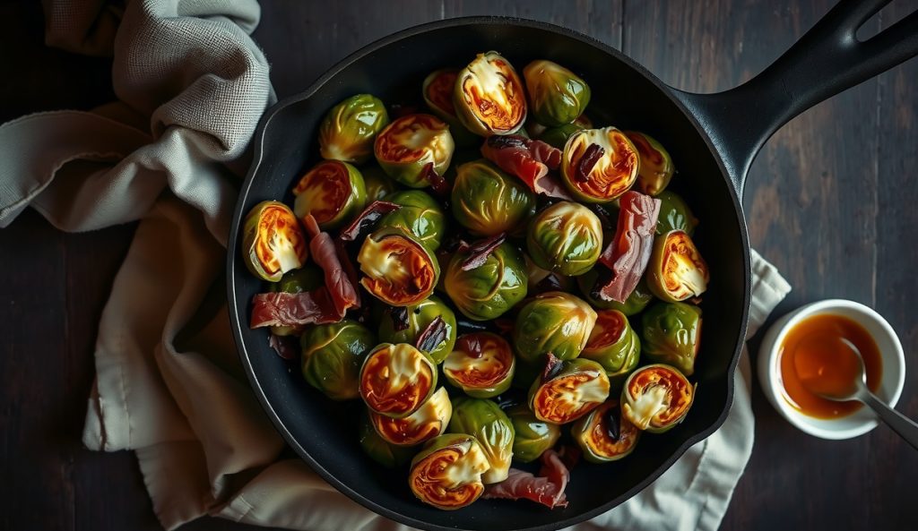 Southern-style smoked Brussels sprouts in a cast iron skillet glazed with cane syrup and bourbon, studded with crispy country ham, showing the Southern variant with pecan smoke.