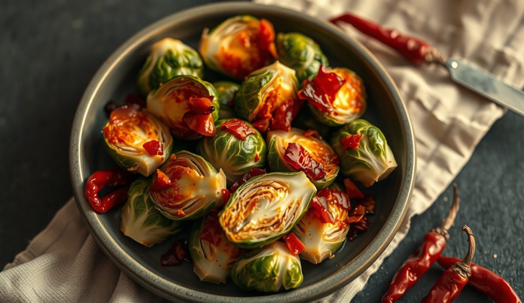 Spiced-heat smoked Brussels sprouts coated in gochugaru maple-Dijon glaze with visible red chili flecks and crispy bacon, showing the slow-building heat variant on dark stoneware.