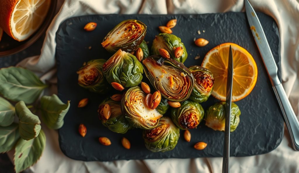 Vegan smoked Brussels sprouts glazed with maple-Dijon and topped with toasted pepitas and citrus zest instead of bacon, showing the fully plant-based adaptation on dark slate.