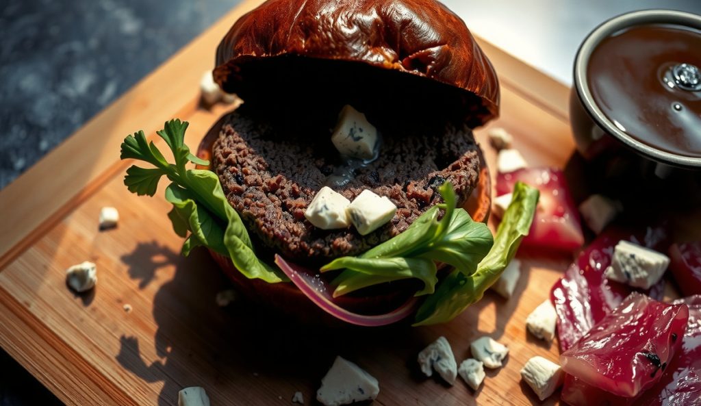 Smoked burger with a blue cheese compound butter center sliced open to show melting Roquefort crumbles, dark smoke bark exterior on dark stoneware.