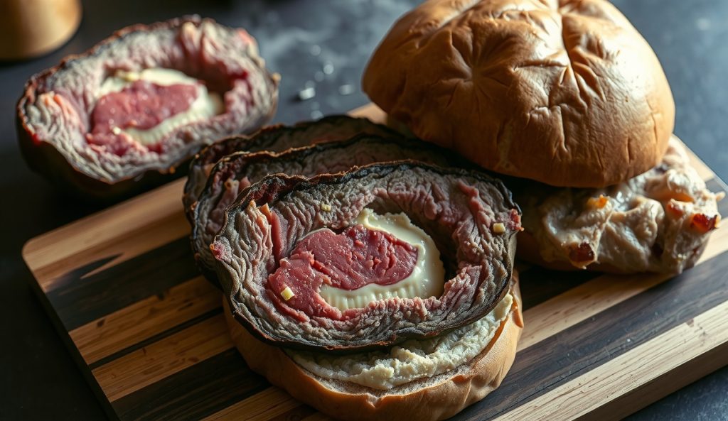 Smoked burger from a chuck-brisket point blend, sliced open showing silky unctuous interior with visible fat marbling and compound butter center.