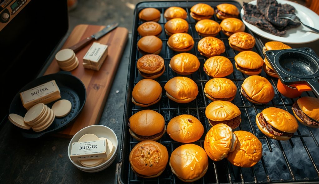 A full smoker load of compound-butter-center burgers in disciplined rows across grates, cast iron searing batches nearby for a crowd-scale cook.