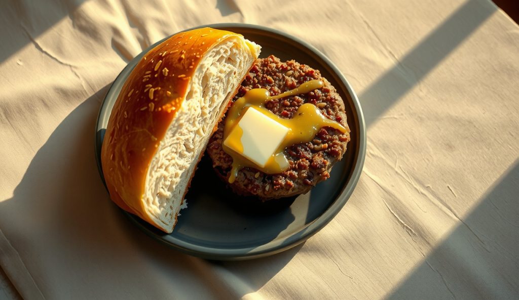 Smoked compound-butter-center burger cross-section on a dark stoneware plate, smoke-dark bark exterior with smoke ring, herb butter melting from the center and pooling golden onto the plate, toasted bun set aside.