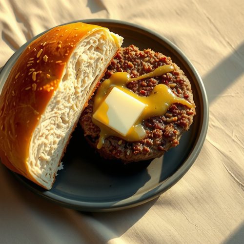 Smoked compound-butter-center burger cross-section on a dark stoneware plate, smoke-dark bark exterior with smoke ring, herb butter melting from the center and pooling golden onto the plate, toasted bun set aside.
