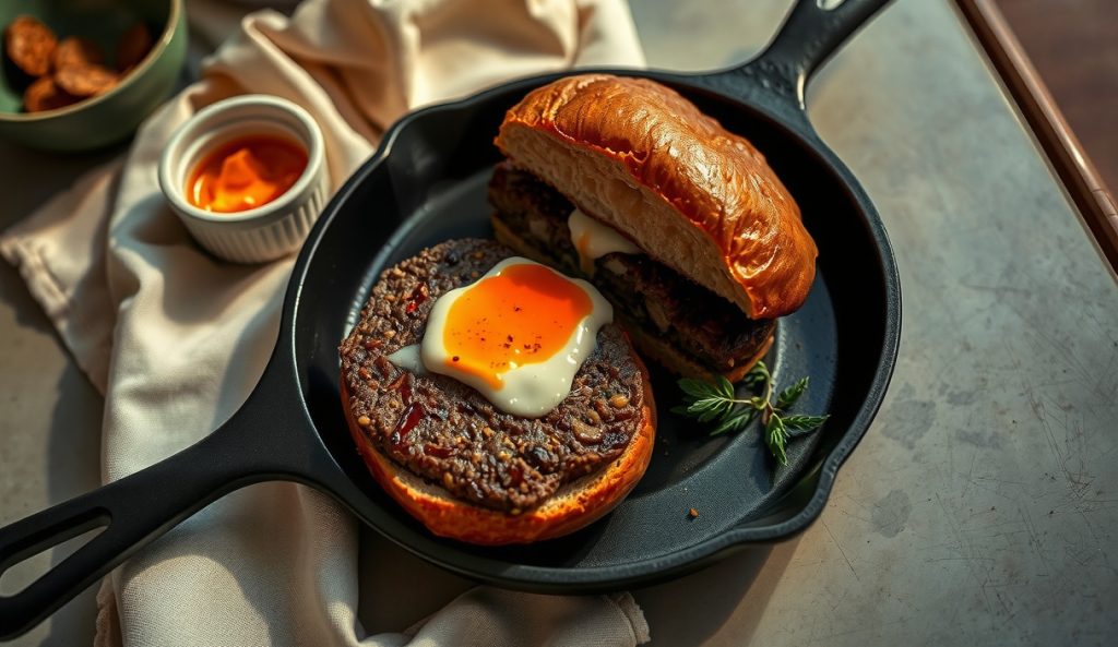 Smoked burger sliced open to show a melting Texas spiced cumin-ancho compound butter center, hickory smoke haze, on cast iron with spice ramekin alongside.