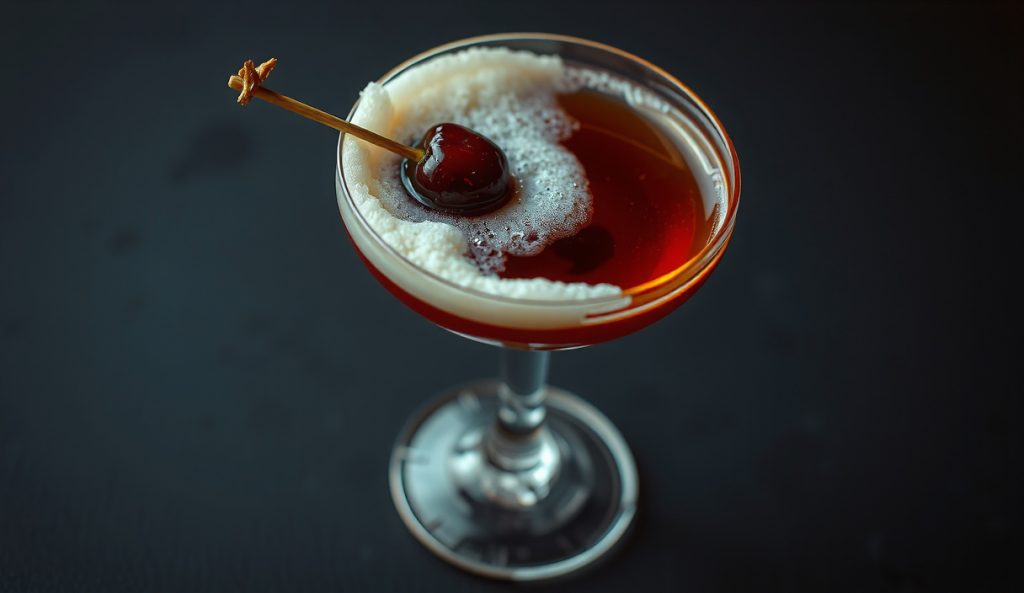 A coupe glass with thick ivory aquafaba foam rising above the rim, garnet smoked-cherry bourbon visible beneath, vegan version of the Smoked Cherry Bourbon Sour on a dark slate bar.