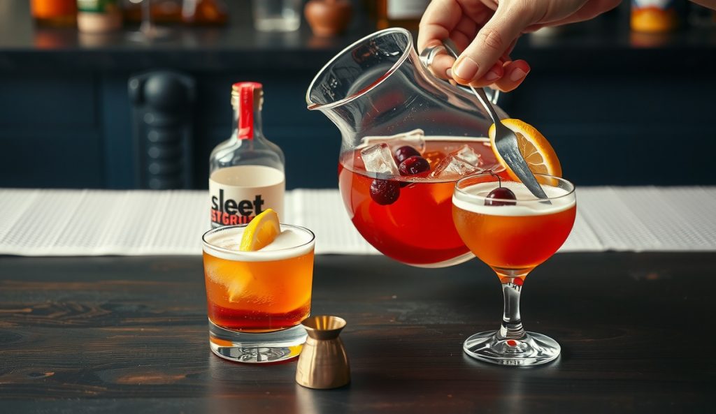 Batch service smoked cherry bourbon sour with a large pre-batched spirit base pitcher, two glasses being built, fresh egg white foam poured per-order, smoked cherry shrub bottle alongside.