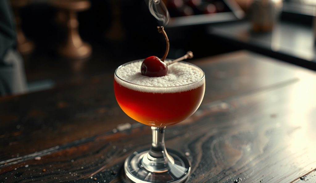 Backlit coupe of smoked cherry bourbon sour with a thick foam head catching side-light, deep garnet liquid visible beneath, smoked cherry garnish on pick, smoke curl rising through the foam.