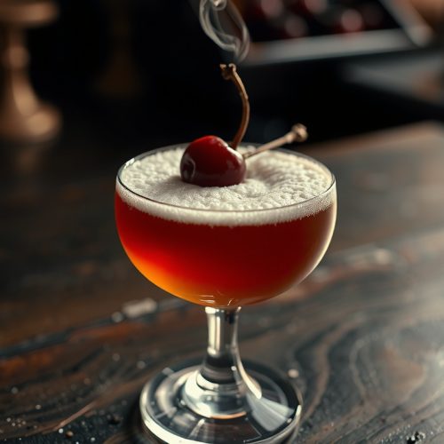 Backlit coupe of smoked cherry bourbon sour with a thick foam head catching side-light, deep garnet liquid visible beneath, smoked cherry garnish on pick, smoke curl rising through the foam.