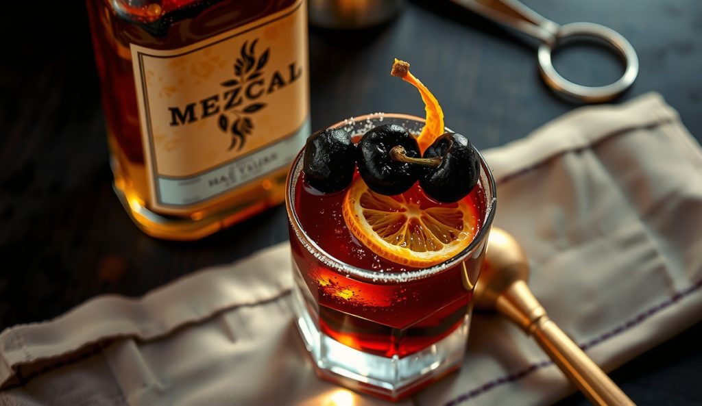 A mezcal Smoked Cherry Bourbon Sour variant in a rocks glass with cold-smoked cherries as the dominant garnish, agave-smoke haze rising, dark bar wood surface.