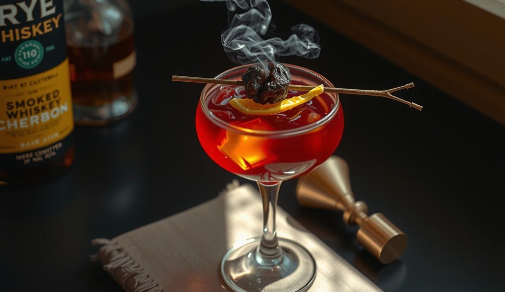 Rye whiskey smoked cherry sour in a coupe glass showing a deeper darker garnet tone than bourbon version, rye whiskey bottle alongside, dark dried cherry garnish, smoke curl from skewer.